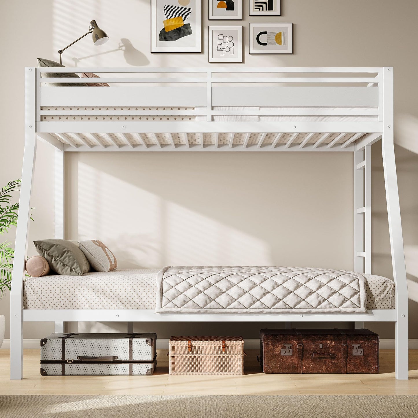 Feonase Bunk Beds Twin Over Full Size, Heavy Duty Metal Bunk Beds with Safety Guardrail & Ladders, Steel Loft Bed Frame for Teens and Adults, Apartment or Dorm, Noise Free & Easy Assembly, White