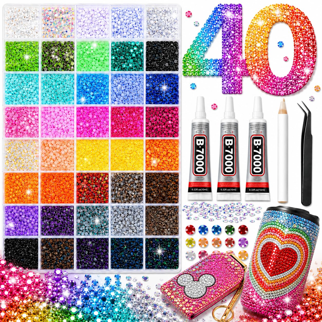 40000Pcs 40 Colors Jelly Resin Kit, Bedazzling Kit, Bedazzler Kit with Rhinestones, 3mm Flatback Gems with B7000 Glue & Tools for Crafts, Nails, Shoes