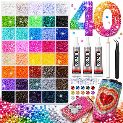40000Pcs 40 Colors Jelly Resin Kit, Bedazzling Kit, Bedazzler Kit with Rhinestones, 3mm Flatback Gems with B7000 Glue & Tools for Crafts, Nails, Shoes