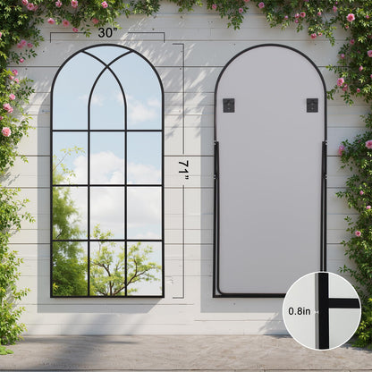 Arched Window pane Full Length Mirror 30"x71", Full Body Standing Mirror, Window Shaped Farmhouse Style with Aluminum Frame, Decor Wall Mirrors for Living Room, Courtyard, Bedroom, Entryway, Black