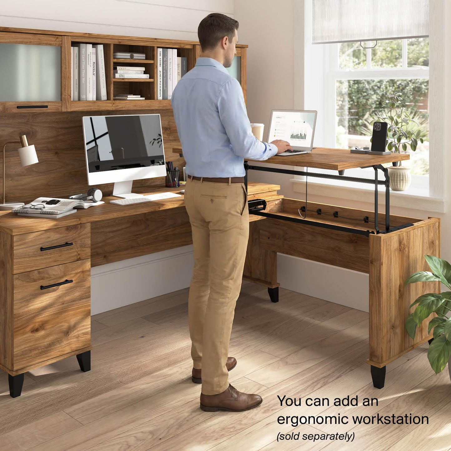 Bush Home 72-Inch Desk Hutch, Office Storage Organizer with Shelves, Cubbies and Frosted Glass Doors for Computer Desk, Home Office Furniture, Somerset Collection, Fresh Walnut