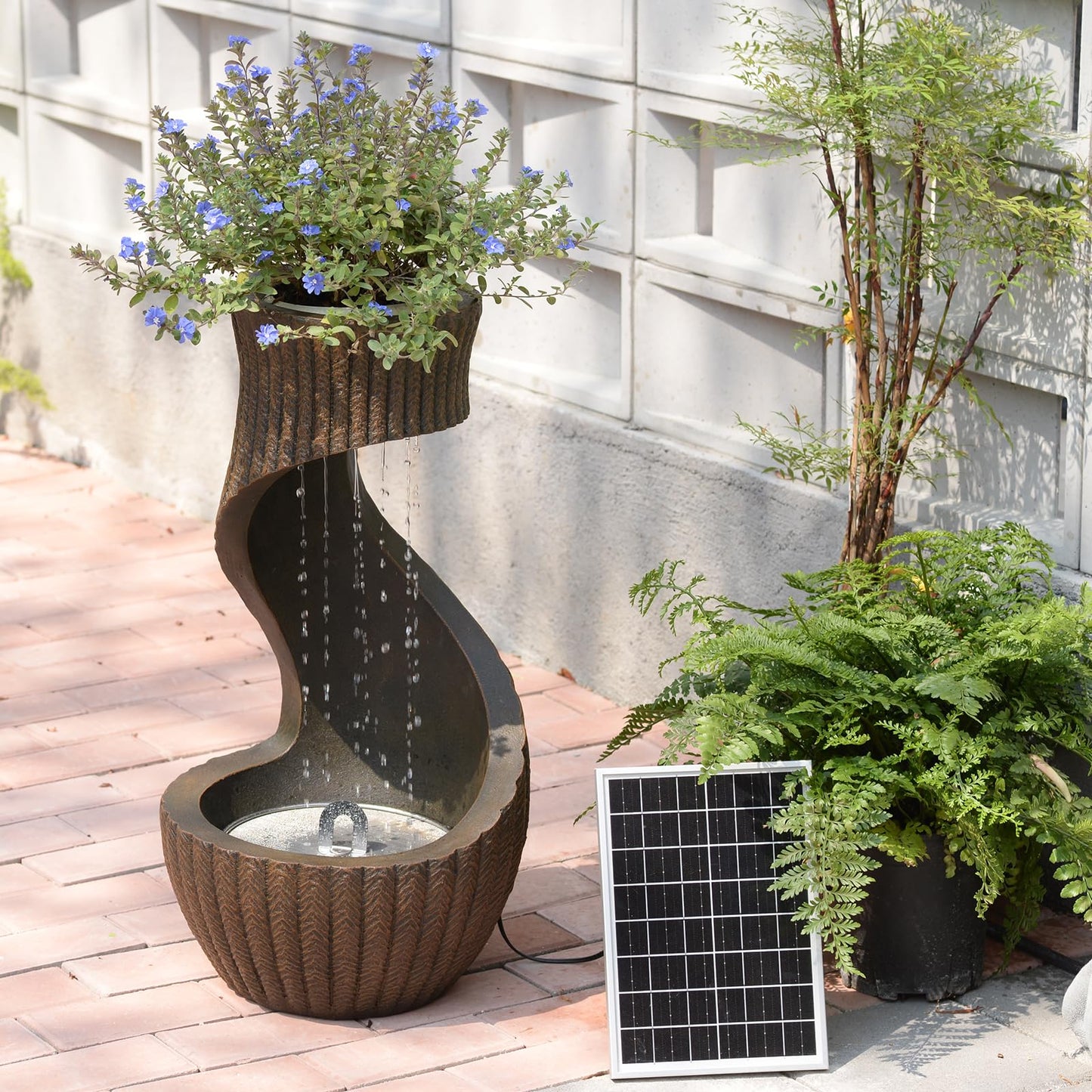 26.77" Tall Solar Water Fountain Outdoor Waterfall Feature, Modern Solar Powered Water Fountain with LED Lights & Planter Bowl for Garden, Patio, Yard, Porch, Deck, Backyard Decor