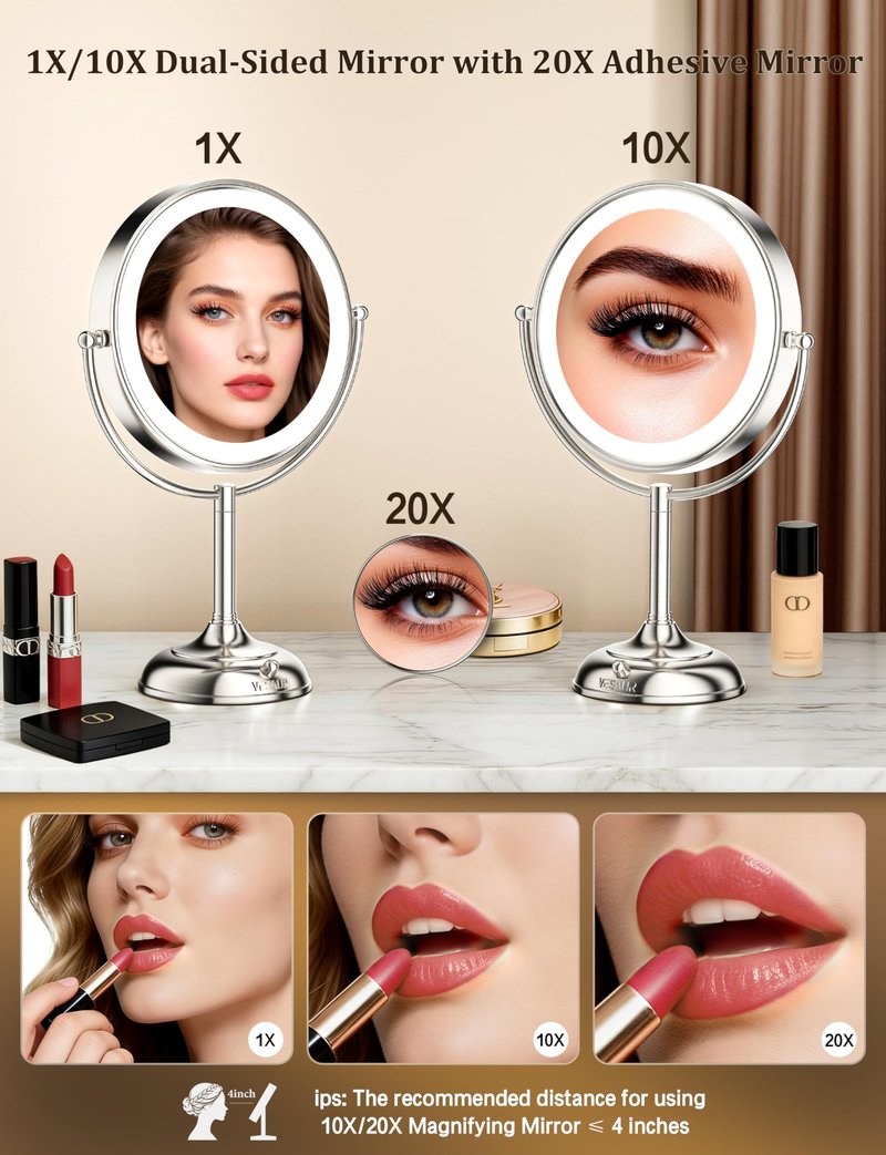 VESAUR 2026 Upgraded 20X lighted makeup mirror with magnification, 9" 1X10X Magnifying Mirror with 3 Color Modes & Adjustable Brightness, 5000mAh Rechargeable Vanity Mirror, 360° Swivel, Nickel, Gifts