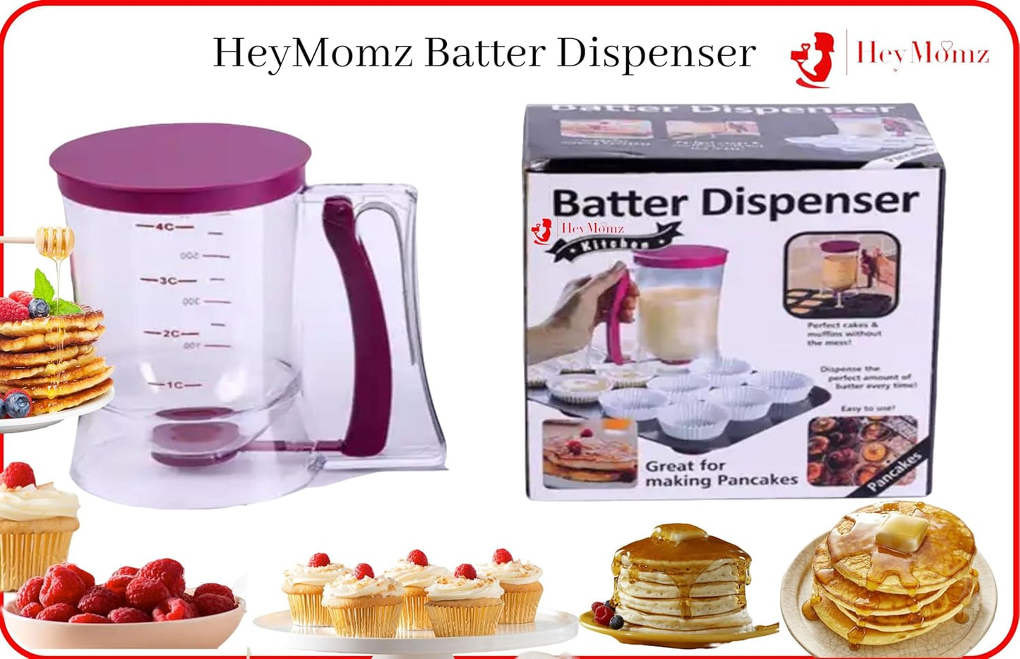 Pancake Batter Dispenser with Spring-Loaded Handle for Pancake Waffle Maker, Kitchen Accessory Mixing Cup (Purple)