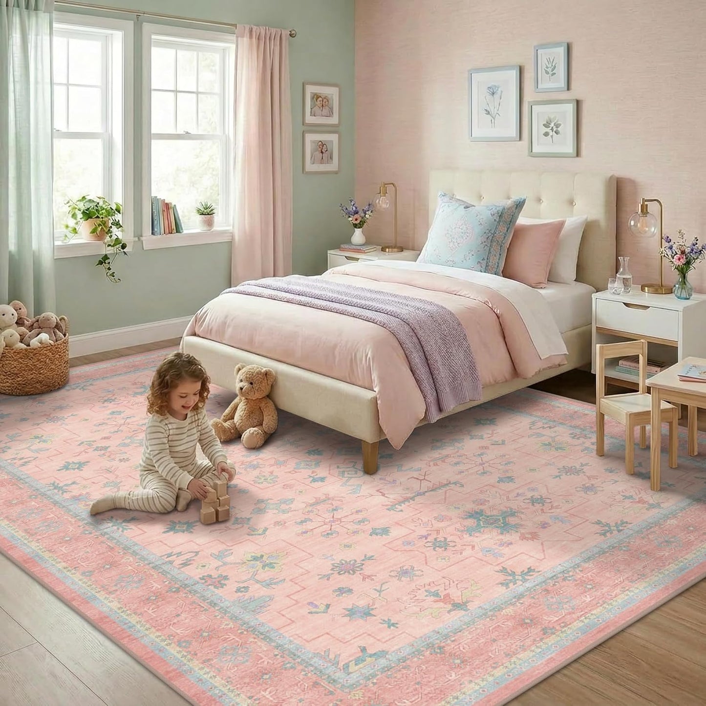 Oushak Floral Vintage Pink Area Rug - 5x7 Washable Low Pile Carpet for Kids' Playroom & Nursery