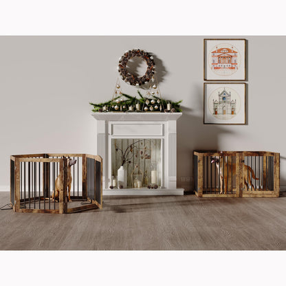 Vantas Folding Pet Gate 144" Wide, 30" Tall No-Assembly Wooden Dog Gate with Door Walk Through, Freestanding Puppy Safety Fence, with 2PCS Support - Rustic Brown