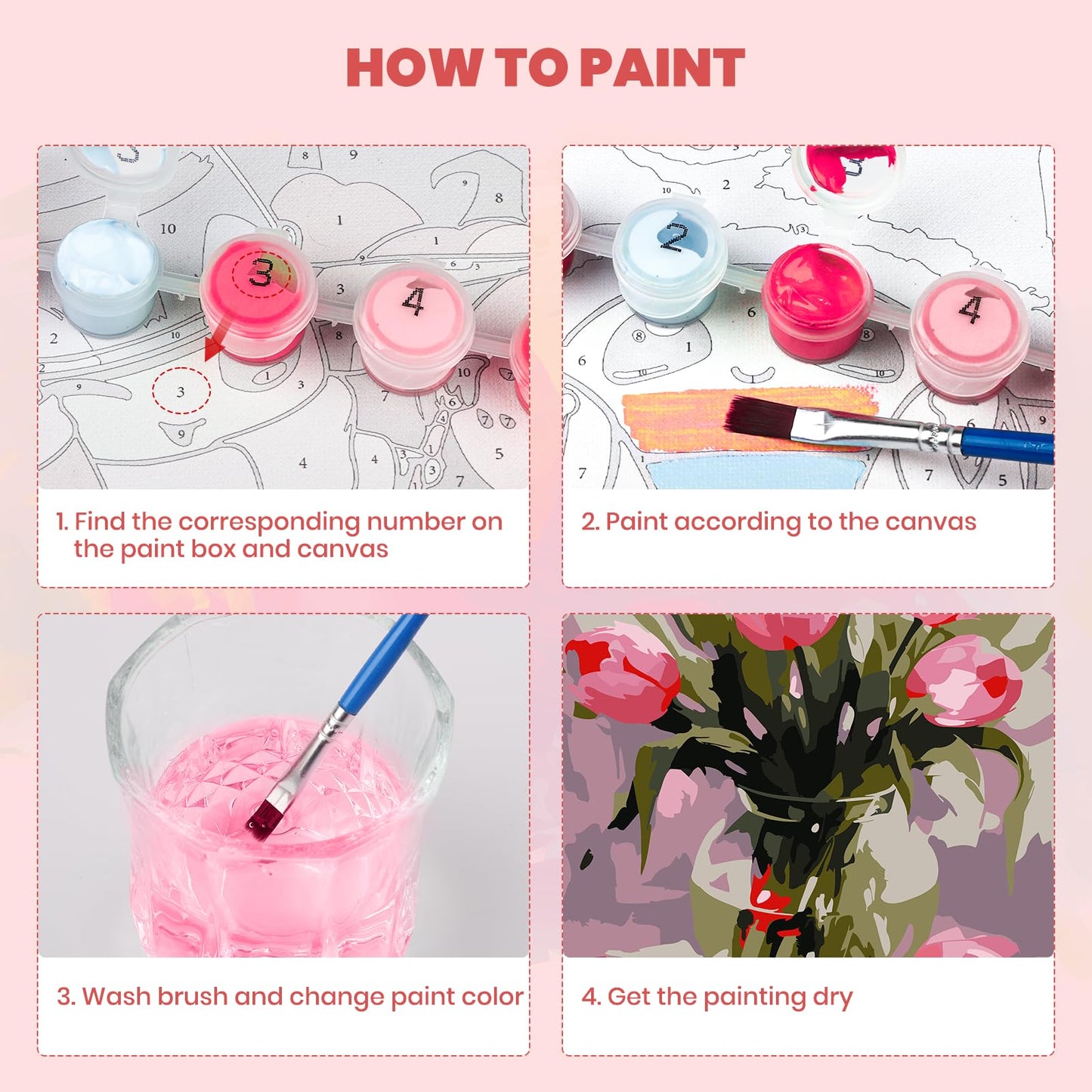 MXJSUA Pink Tulips Framed Paint by Numbers Kit for Adults Beginner with Wooden Easel, Adults' Paint-by-Numbers on Canvas, Easy DIY Acrylic Number Painting for Home Decor Gifts, 8x12 inch