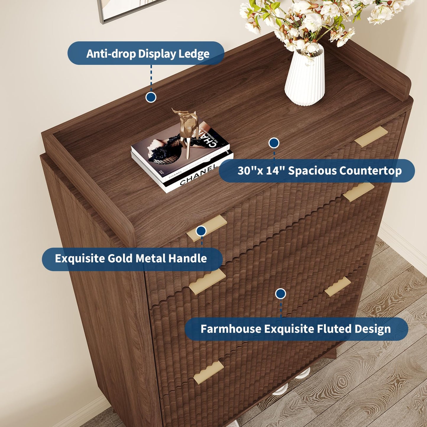 GarveeHome Modern Fluted Shoe Cabinet for Entryway, 48" Tall Narrow Wooden Shoe Rack Organizer with Storage Drawer, 2 Flip Drawers & Adjustable Shelves for Apartment Living Room