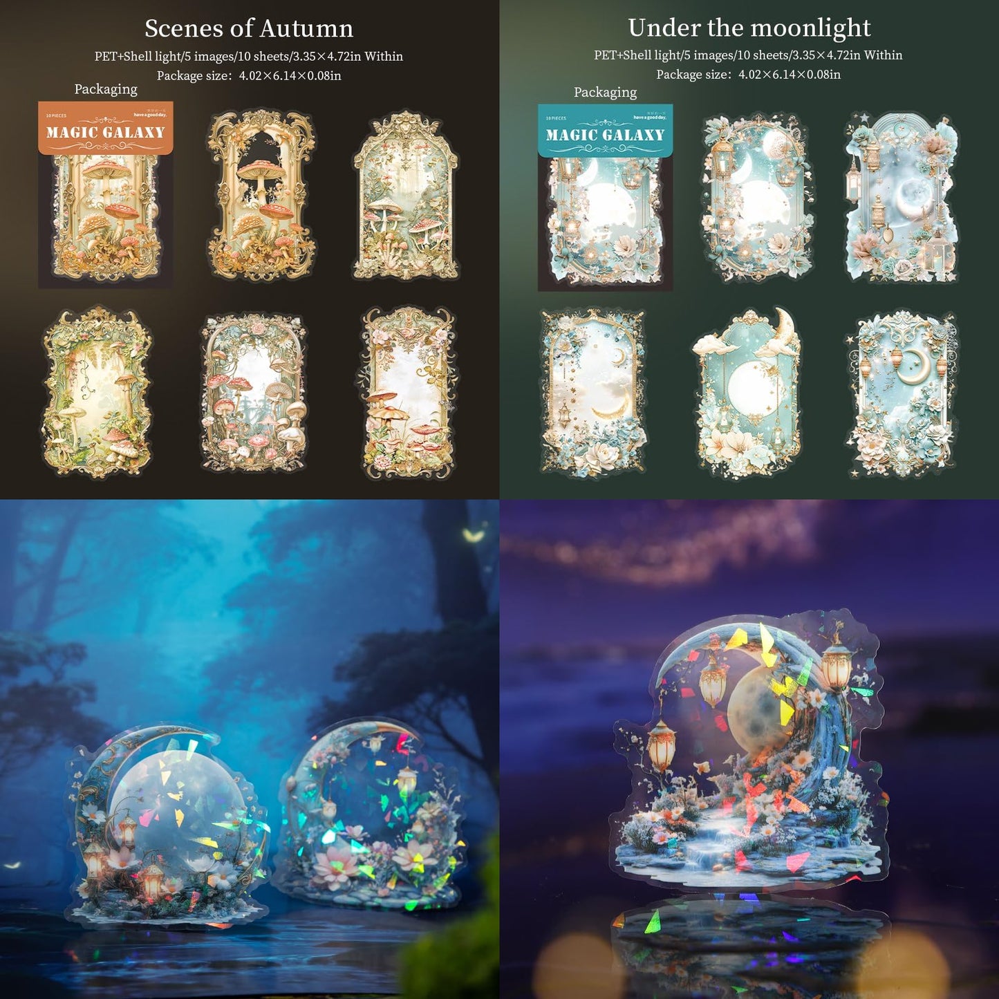 Doukado 60 PCS Exquisite Magic Milky Way Glitter Shiny PET Sticker Set, Decorative Large Size Shell Shine Stickers for Scrapbooking, Journaling, Waterproof DIY Crafts and Junk Journal Supplies