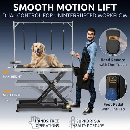 KANIS Professional Electric Dog Grooming Table - Heavy Duty, Height Adjustable Pet Grooming Table w/Leveling Wheels, Grooming Arm, Anti-Slip Tabletop & Tool Organizer/Dog Grooming Station (Black, 49")