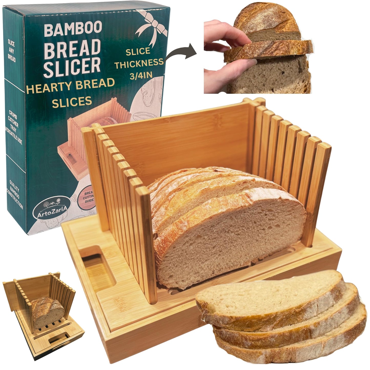 Bread Slicer for Sourdough Rounds & Homemade Bread - Round, Loaf & Baguette. Bamboo Bread Cutting Guide W/Crumb Tray - Foldable - Knife Not Included. Recommended: Serrated Knife Blade 10-12 Inches