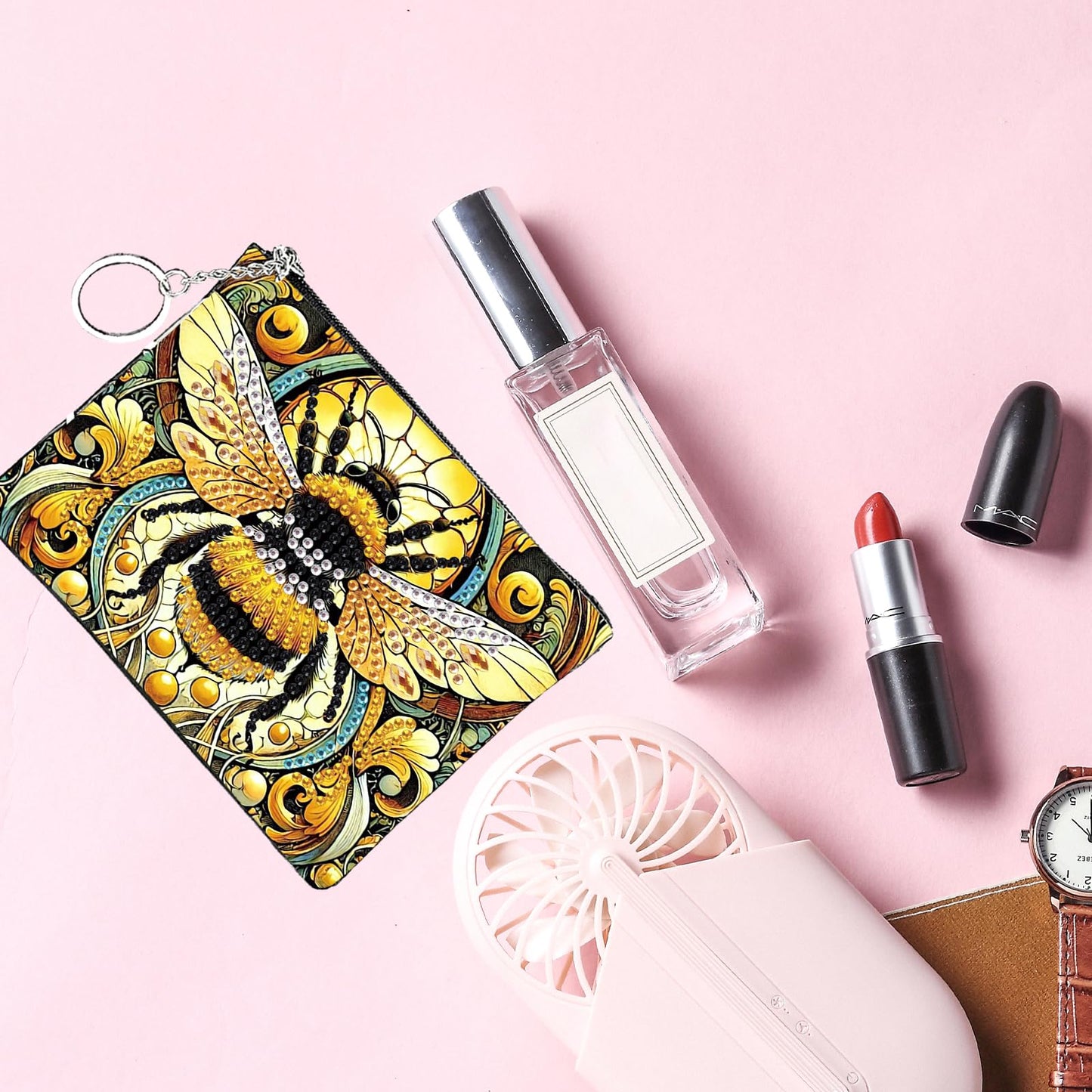 JZHYOAN Diamond Painting Small Coin Purse for Women DIY Coin Pouch Coin Purse with Zipper and Keyring Diamond Art Purses and Wallets Handbags Wallet Keychain for Cards Keys Bee