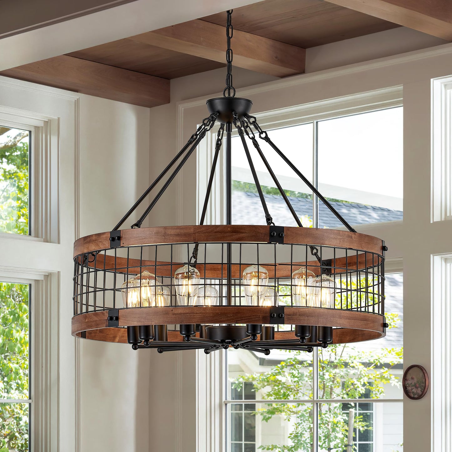 Faibra 10-Light Farmhouse Drum Wood Pendant Light,32'' Vintage Rustic Brown Oak Wood Chandeliers,Retro Industrial Hanging Light Fixtures for Dining Room Entryway, Bedroom