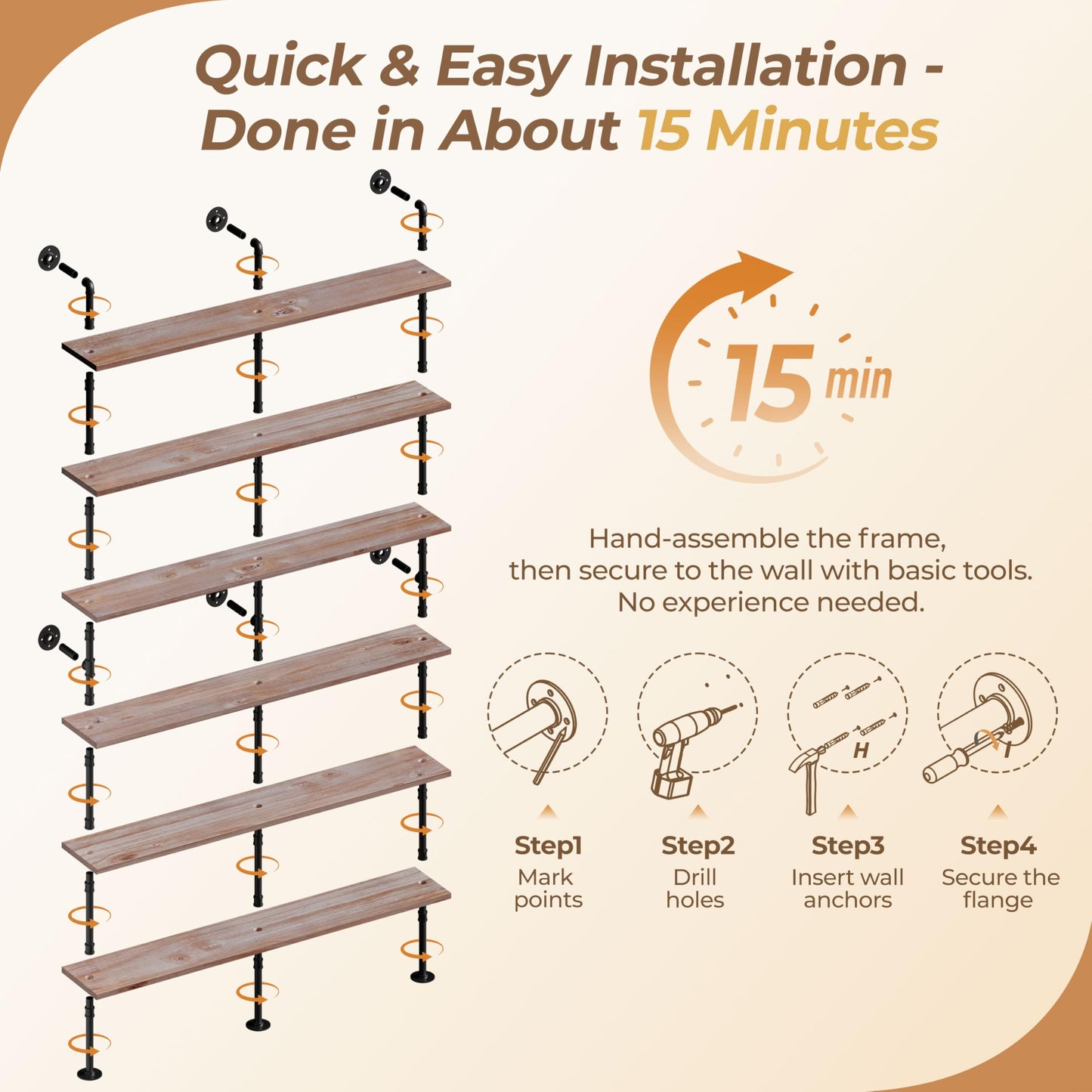 Anynice Industrial Ladder Shelf Bookcase, Wall Mounted Rustic Bookshelf, Retro Wood Metal Pipe Industrial Shelves for Living Room(Weathered Brown, 6 Tier - 10" D x 70" W x 82.5" H)