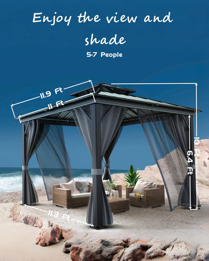 12'X12' Hardtop Gazebo, Galvanized Steel Aluminum Frame with Double Roof, Heavy-Duty Outdoor Patio Gazebo with Curtains & Netting for Backyard, Deck, Porch, Garden, Lawn, Khaki