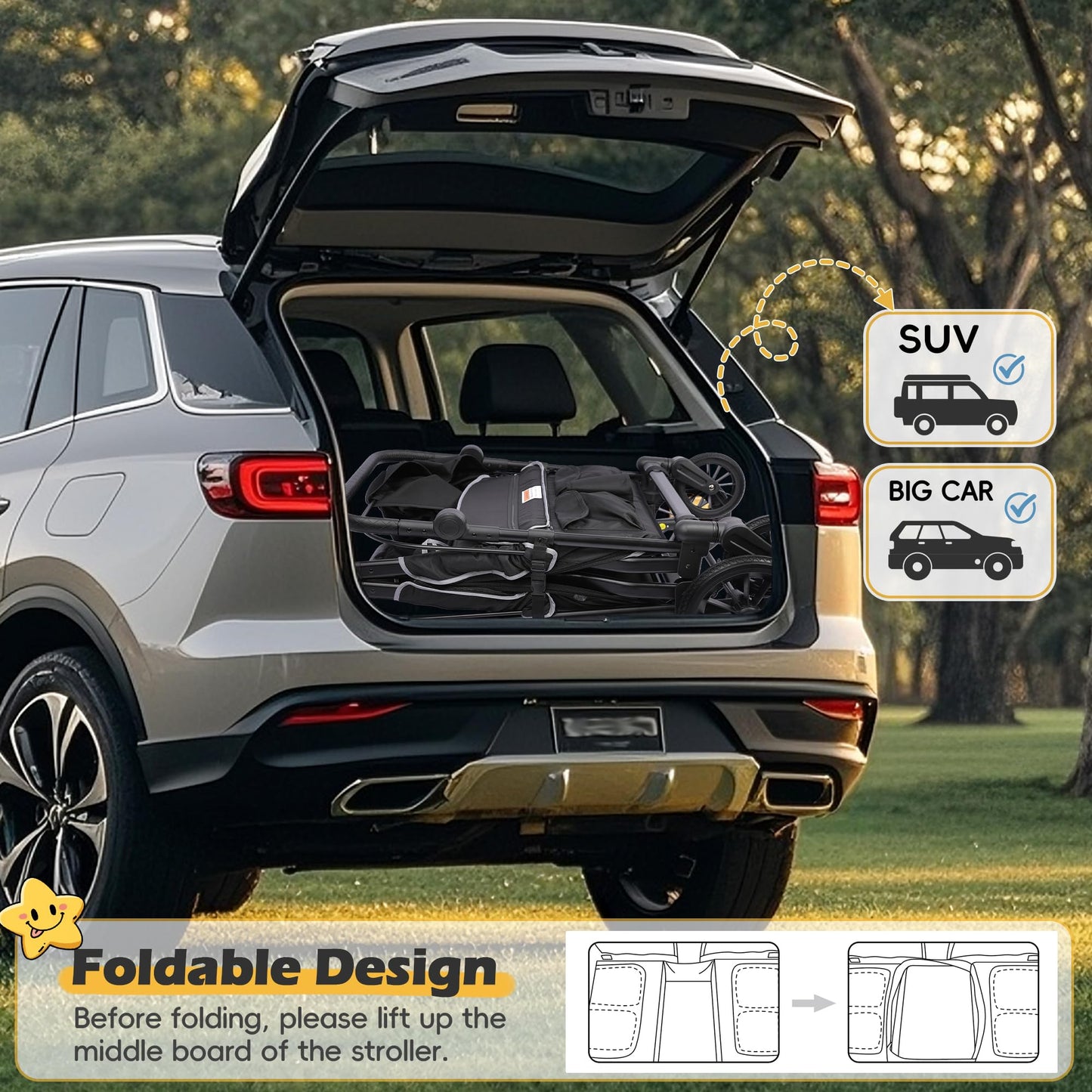 TOLEAD Wagon Stroller for 4 Kids, Foldable 4 Seats Outdoor Stroller Wagon with Canopy, Adjustable Handlebars, 5-Point Safety Harness, Detachable Tray, Portable Bag (Black)