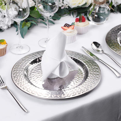 FillTouch 12 Packs Chargers Plates Bulk 13 Inch Stainless Steel Hammered Rim Round Elegant Dinner Plates Luxury Decorative Chargers for Wedding Party Catering Upscale Events (Silver)
