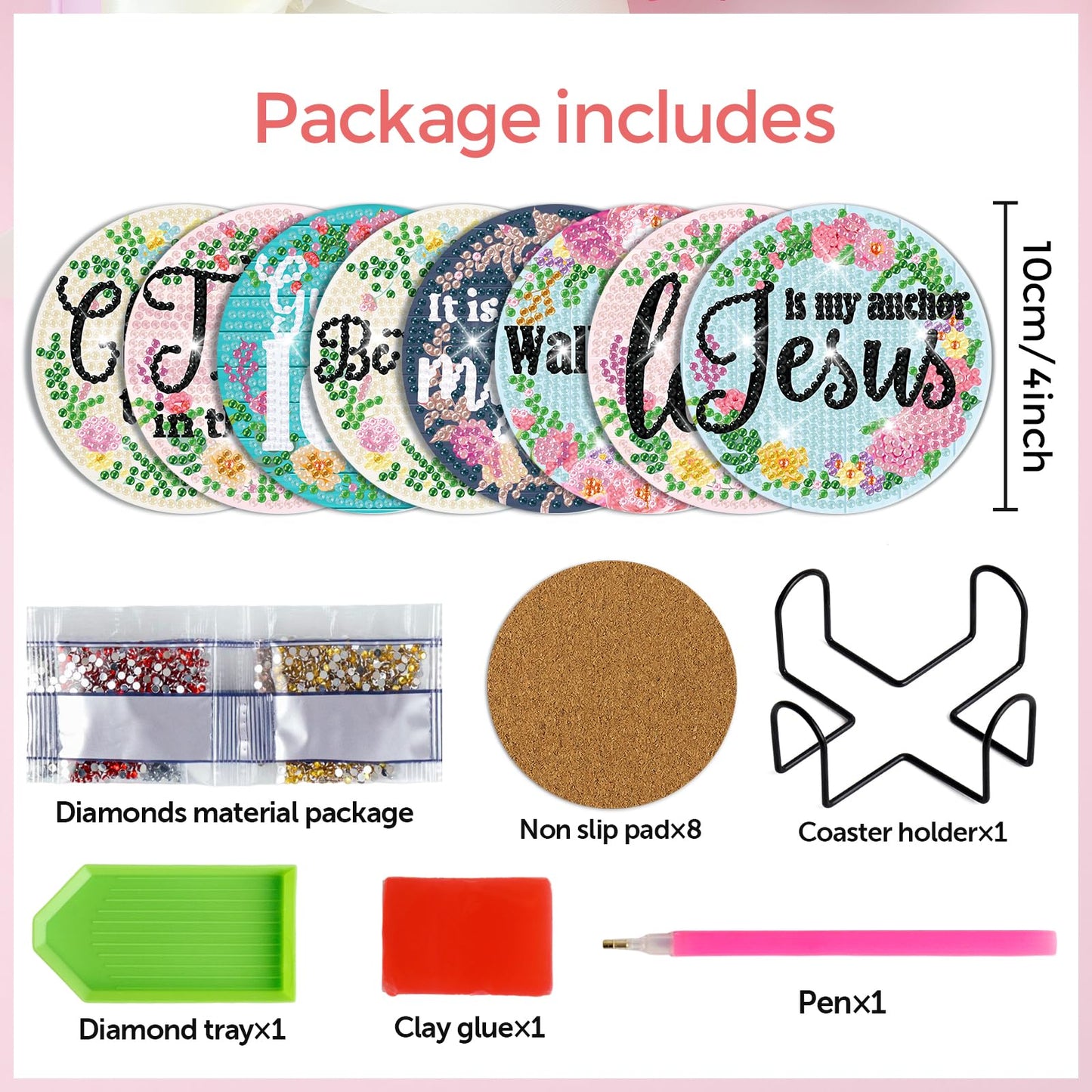 8 PCS Christian Bible Verse DIY Farmhouse Coasters Kit with Holder - Christian Present for Beginners, Adults, Kids - Diamond Art Crafts Supplies