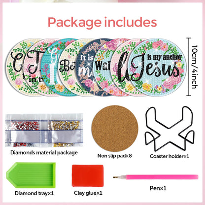 8 PCS Christian Bible Verse DIY Farmhouse Coasters Kit with Holder - Christian Present for Beginners, Adults, Kids - Diamond Art Crafts Supplies
