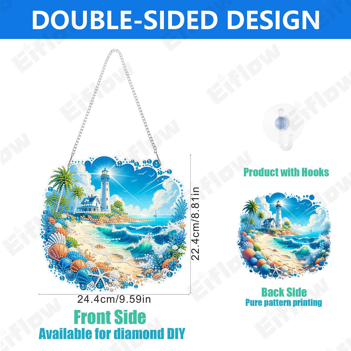 Eiflow Acrylic Diamond Art Hanging Kit for Adults, DIY Diamonds Painting Door Hanger Board Kit, Special Crystal Diamond Art Painting Pendant Ornament (Beach)