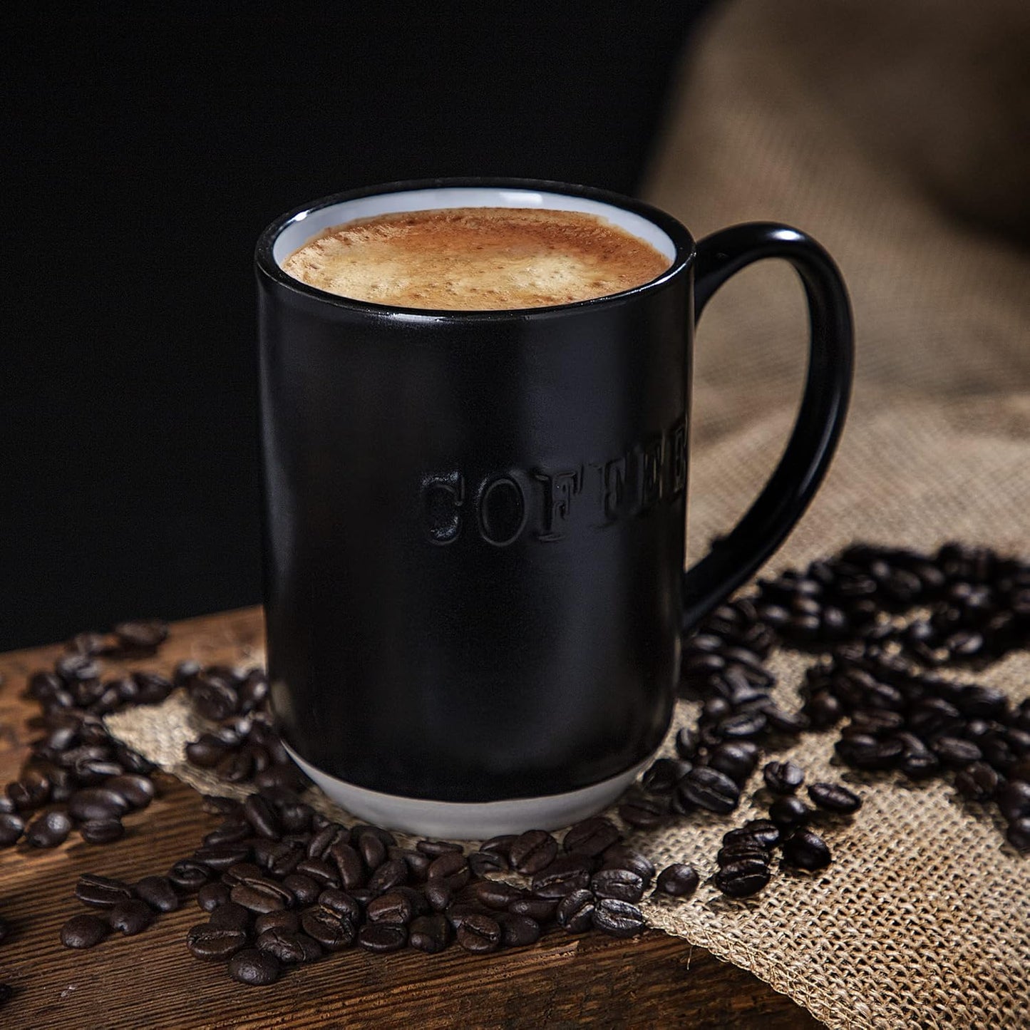Sheffield Home Set of 4 Stoneware Coffee Mugs, Printed Tea Cups, Latte Mugs 16 oz (Black)