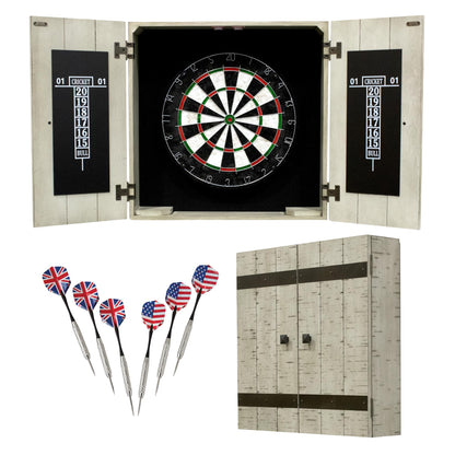 Hathaway Drifter 18-in Bristle Dart Board and Cabinet Set – Includes Self Healing Sisal Board, Removable Outer Ring, Chalk Scoreboards & Steel-Tip Darts - Complete Dart Accessories - Timberwood