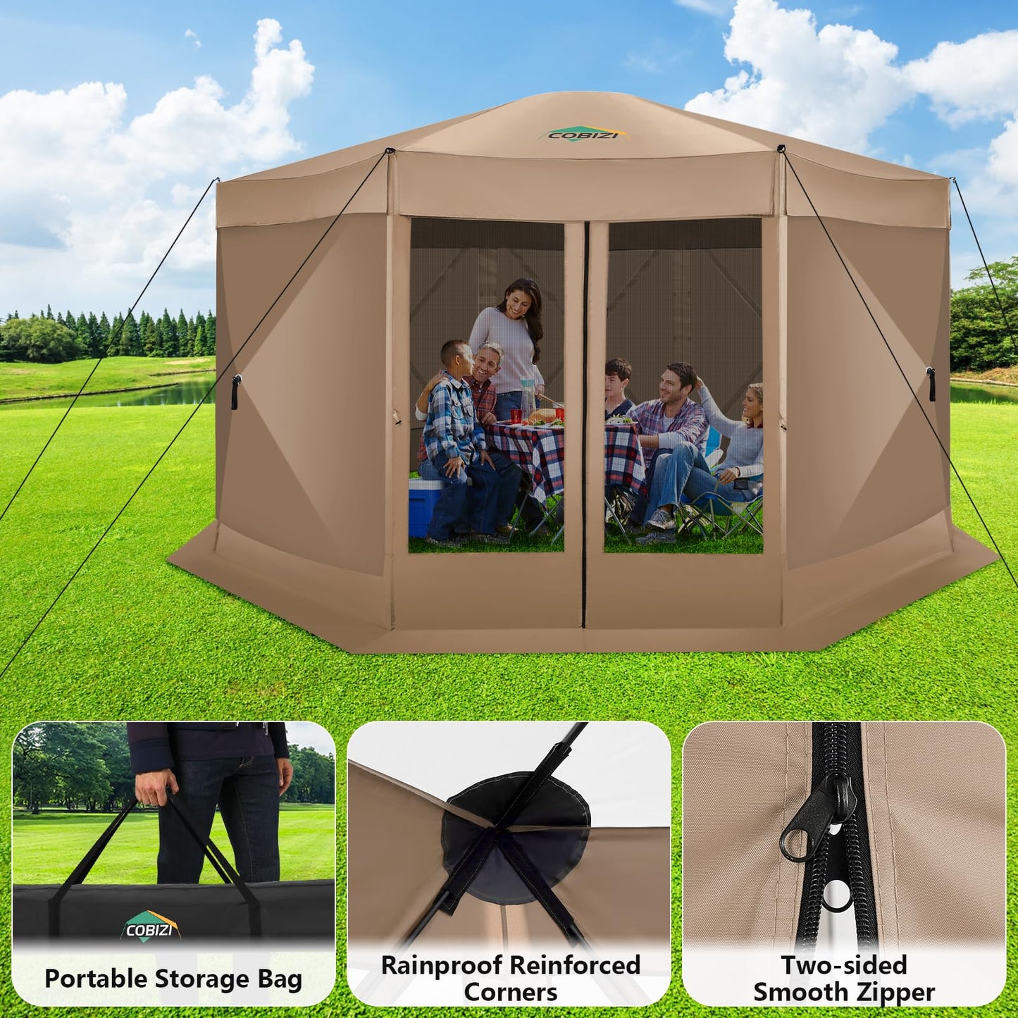 COBIZI 15x15FT Pop Up Gazebo Screen Tent Screen House for Camping, Screen Room with Mosquito Netting, Hub Tent Instant Screened Canopy with Carrying Bag and Ground Stakes, Khaki