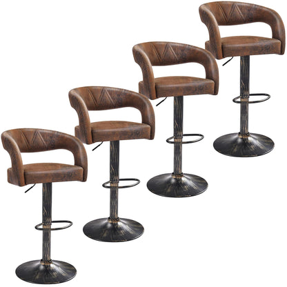 VECELO Bar Stools Set of 4 Adjustable Swivel Modern Pu Leather Barstools, Counter Bar Stools with Back and Arms, for Kitchen, Bar (Dark Brown)