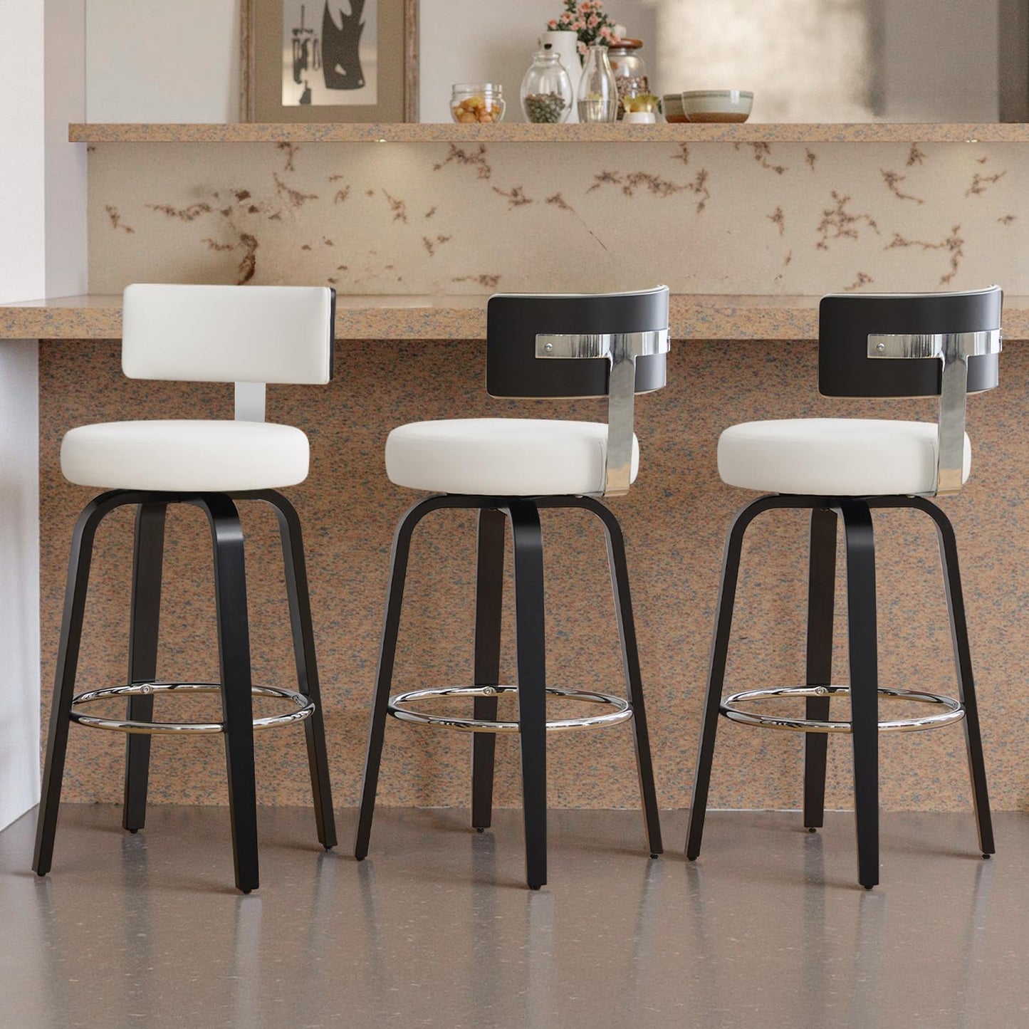WOOW DEPOT Swivel Counter Height Bar Stools Set of 3, 29" Upholstered Faux Leather Barstools with Back, Mid Century Modern Counter Stools with Black Walnut Wood Legs for Kitchen Island, White