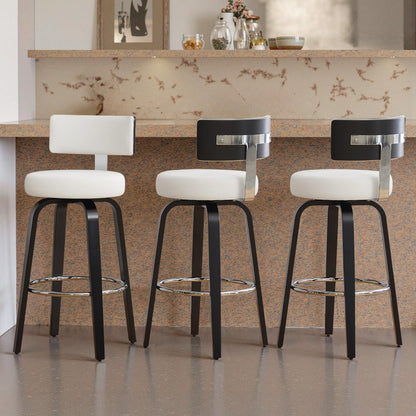 WOOW DEPOT Swivel Counter Height Bar Stools Set of 3, 29" Upholstered Faux Leather Barstools with Back, Mid Century Modern Counter Stools with Black Walnut Wood Legs for Kitchen Island, White