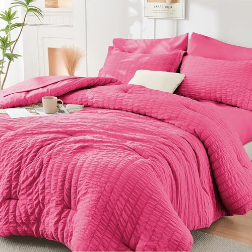 HYMOKEGE California King Comforter Set - Hot Pink Seersucker 7-Piece Luxury Bedding Set
