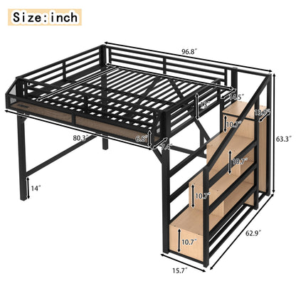 Bellemave Queen Size Loft Bed with Storage Stairs, Beside Shelves and Wardrobe, Queen Metal Loft Bed Frame with USB Ports and LED Lights, Large Under-Bed Space, for Adults,Teens,Boys,Girls, Natural