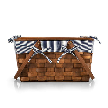 PICNIC TIME Kansas Handwoven Wood Picnic Basket, Sturdy Woven Wicker Basket with Tabletop Lid and Removable and Washable Polycotton Vintage-Style Liner, (Navy Blue & White Stripe)