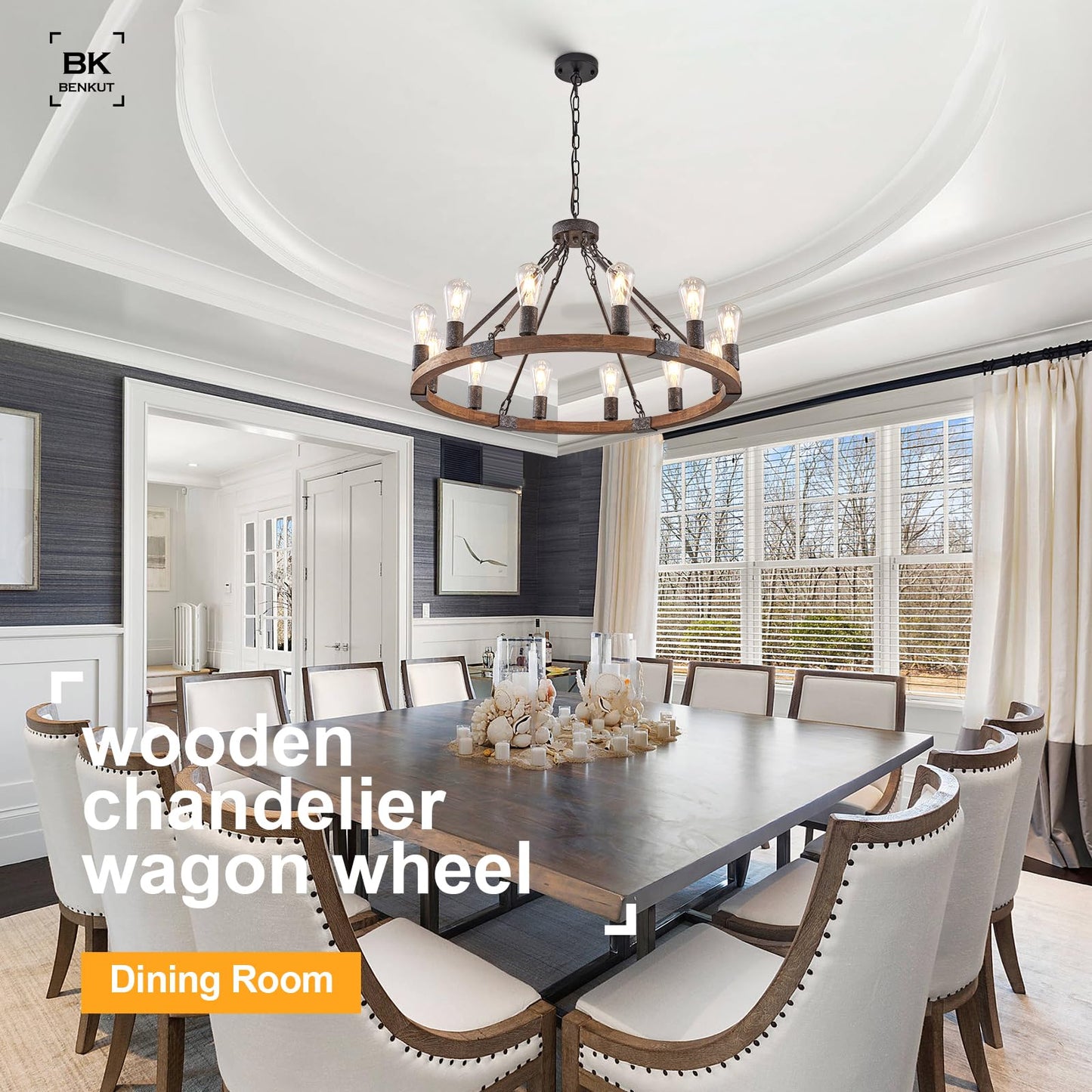 Benkut Farmhouse Wagon Wheel Chandelier 31" Black Rustic Light Fixtures 12-Light Wood Round Chandelier for Dining Room Living Room Entryway Foyer