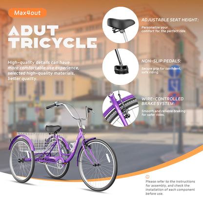 Max4out Adult Tricycle with Large Basket 24/26 Inch, Stable 3-Wheel Cruise Bicycle for Shopping, Beach and City Trike Perfect for Men, Women, Seniors, 26 Purple