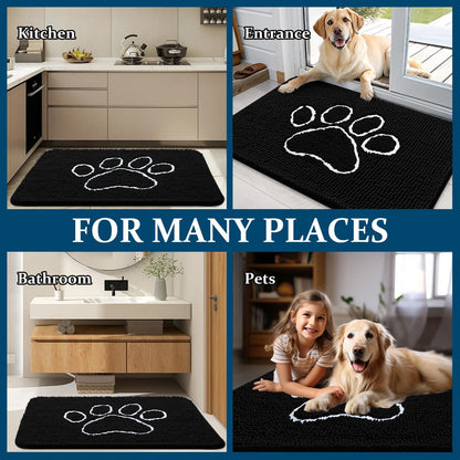 OLANLY Dog Door Mat - Absorbent Non-Slip Chenille for Muddy Paws | 70x32 Black Paw Print Design