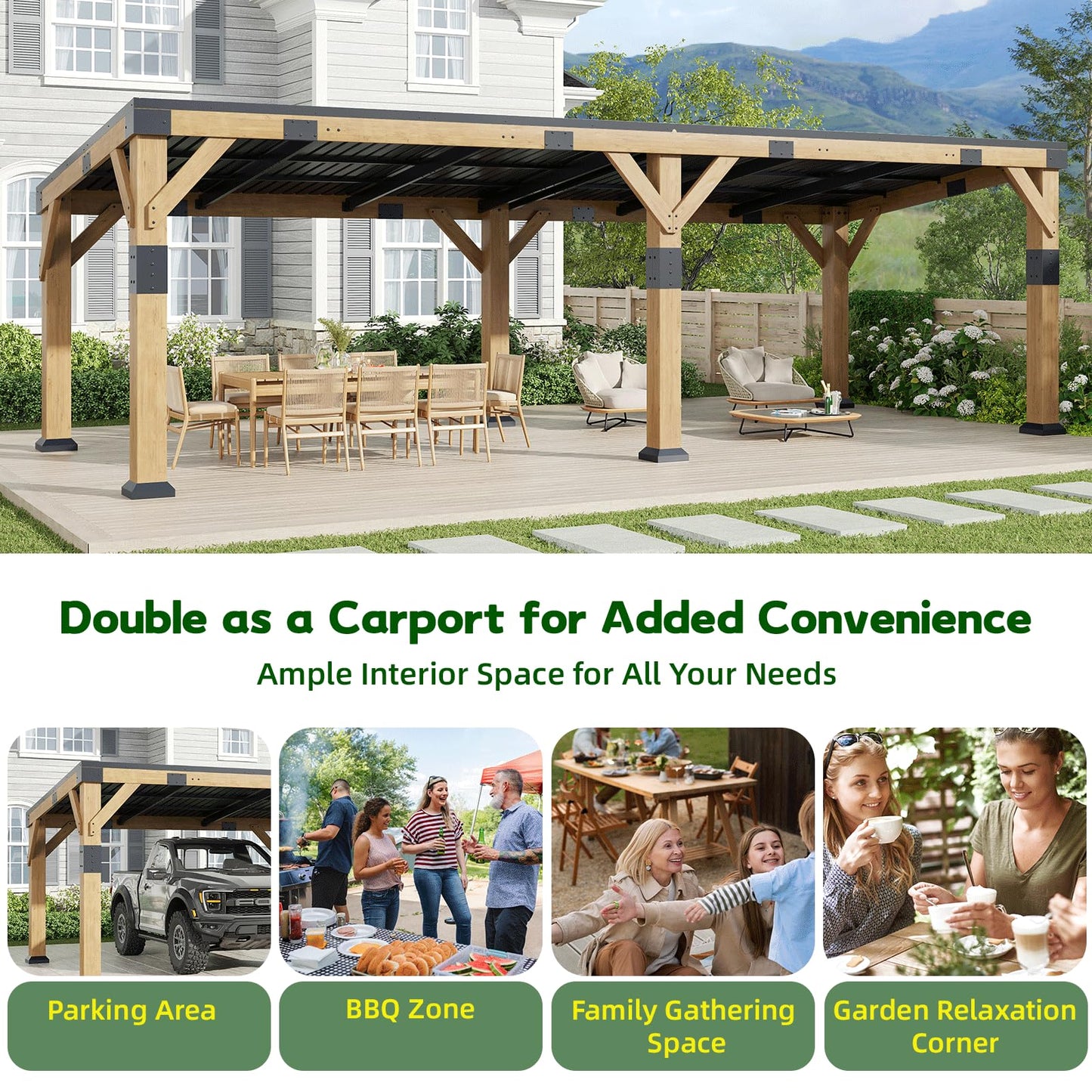 GOHONEI10x22 ft Cedar Wood Gazebo with Sloped Galvanized Steel Roof, Hardtop Gazebo Pavilion with Durable, Rot-Resistant Construction, Permanent Outdoor Pergola for Backyard, Garden & Deck