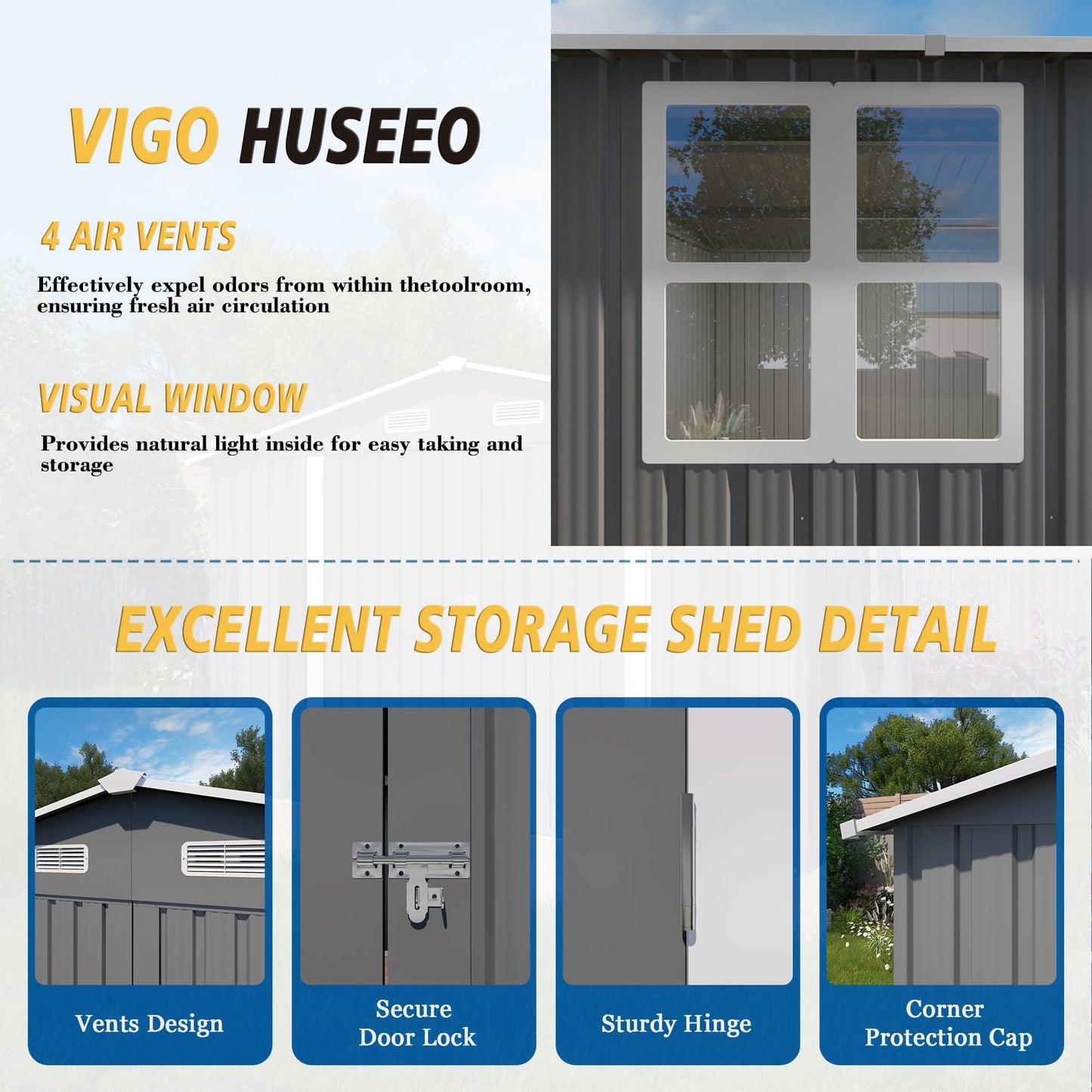 Vigo huseeo 10x8x6.4FT Outdoor Storage Shed, Galvanized Steel Garden Shed with Lockable Door & Window, Waterproof Metal Tool Storage for Garden, Backyard, Patio, Lawn(Grey)