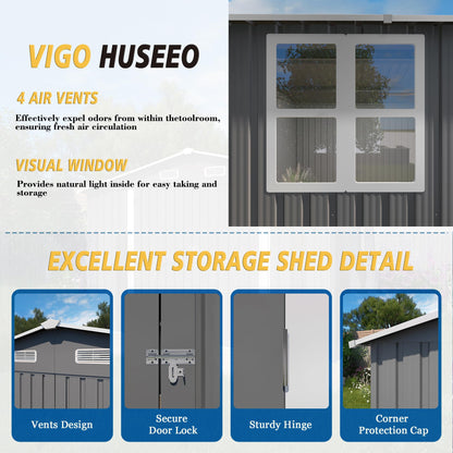 Vigo huseeo 10x8x6.4FT Outdoor Storage Shed, Galvanized Steel Garden Shed with Lockable Door & Window, Waterproof Metal Tool Storage for Garden, Backyard, Patio, Lawn(Grey)
