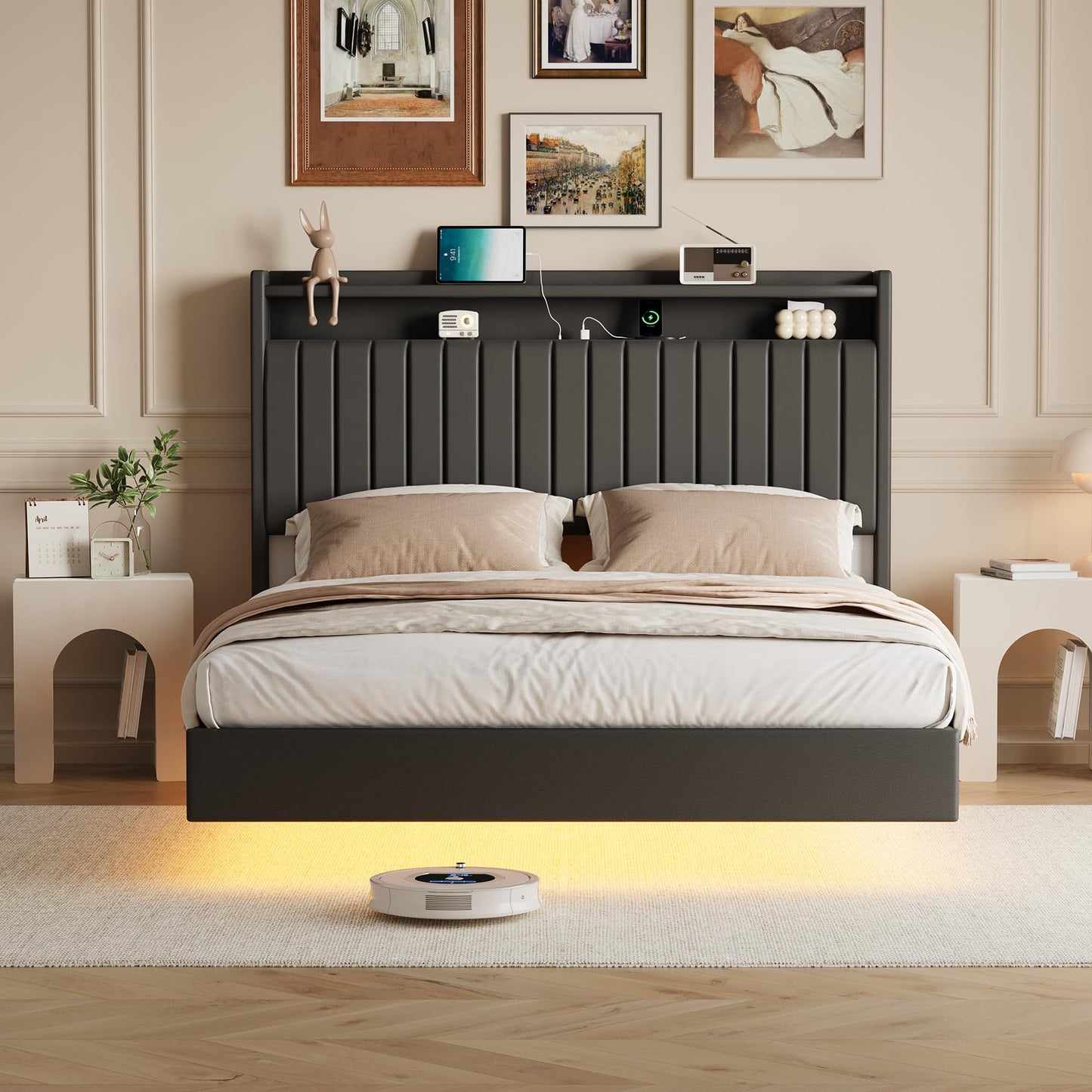 IDEALHOUSE Queen Floating Bed Frame with LED Lights and Storage Headboard, Bed Frame with Modern Minimalist Style for Bedroom/Vacation Home,Silent & No Box Spring Required,Easy to Assemble,Black