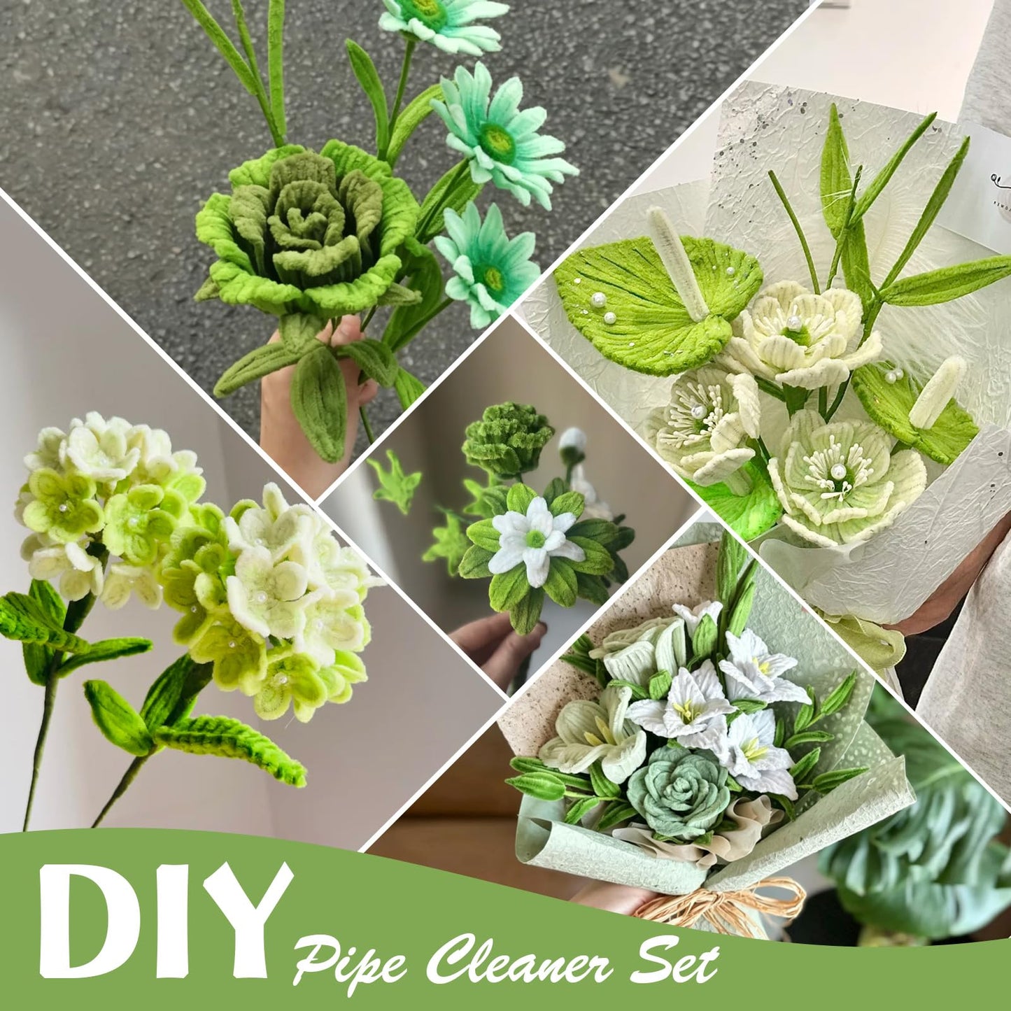 URSDIART 311pcs Green Pipe Cleaners Craft -Chenille Steams Flower Making Kit,Thick Fuzzy Wire with Accessories | limpiapipas para Flores for Arts & Crafts, Classroom Project, Festive Decoration