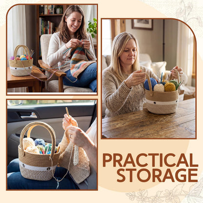 Tudomro Portable Crochet Bag Organizer, Yarn and Needles Straw Tote Basket, Knitting Storage Tote Bag with Grommets, Woven Bags Knitting Accessories for Small Projects, Gifts for Crochet Lovers