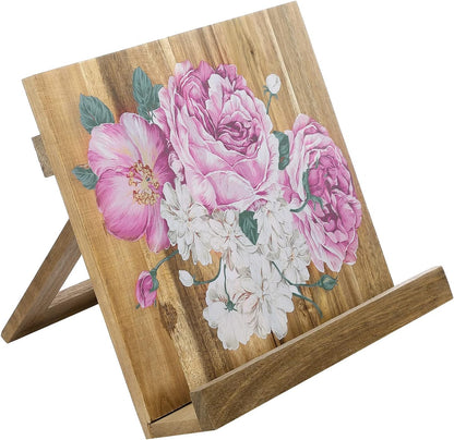 MyGift Premium Acacia Wood Cookbook Holder Stand, Hand Painted Floral Design, Kitchen Countertop Recipe Book Stand