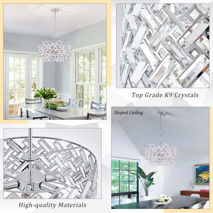 20'' Modern 6-Light Chrome Crystal Pendant Chandelier, Luxury Round Semi Flush Mount Ceiling Light for Living Room, Dining Room, Kitchen, Foyer, Bedroom