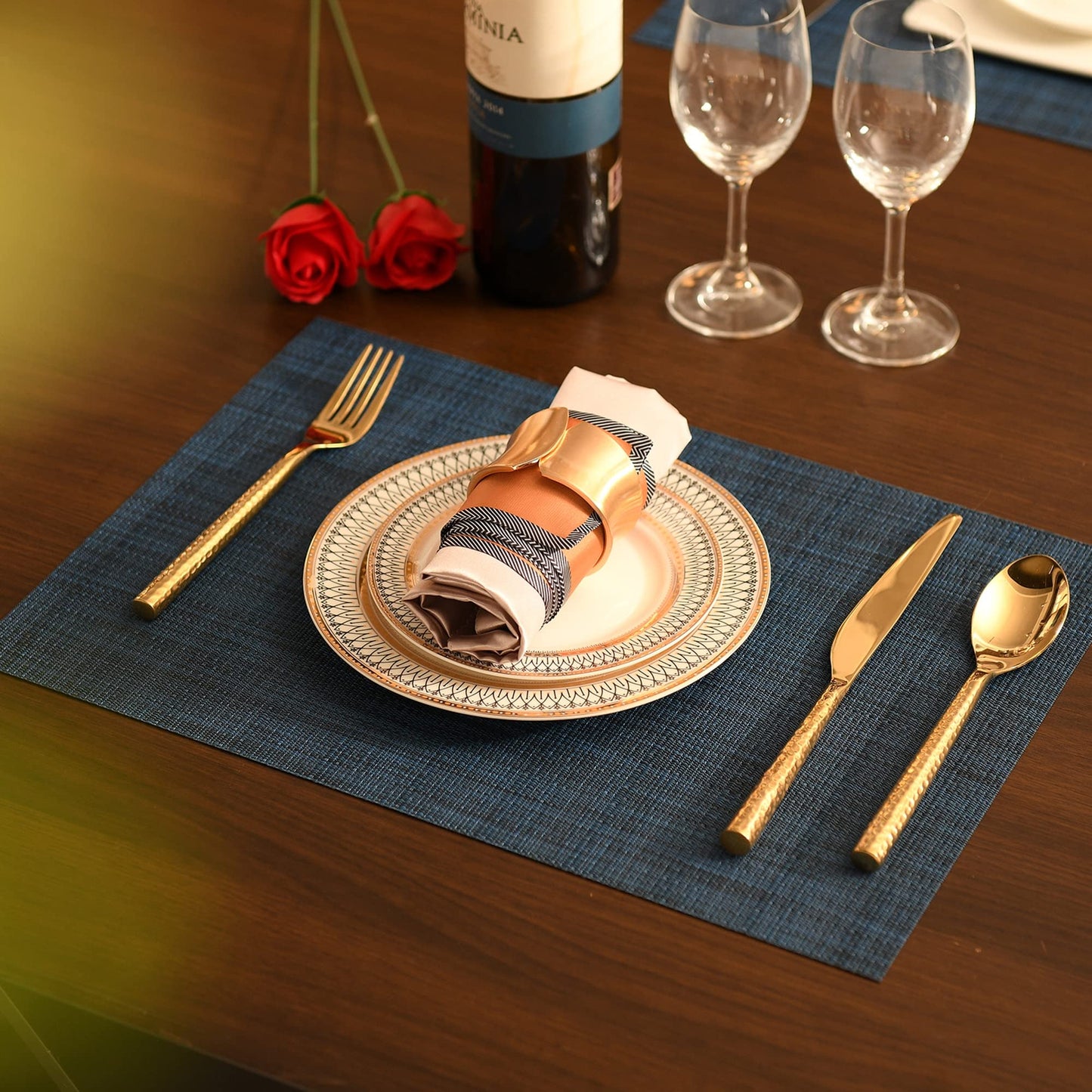 SLKQG Navy Blue Placemats Set of 8 - Easy Clean Washable Vinyl Placemats - Wipeable Heat Resistant Non-Slip Table Mats for Dining Table - 17x12 Inch (Navy Blue, 8)