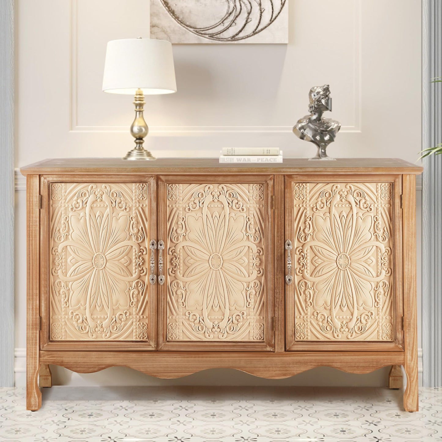 RoyalCraft Farmhouse Sideboard Buffet Cabinet with Storage, 49" Solid Wood Credenza Buffet Table Coffee Bar Wine Bar Storage Cabinet with 3 Doors for Dining Room Living Room Hallway, (Provence Grain)