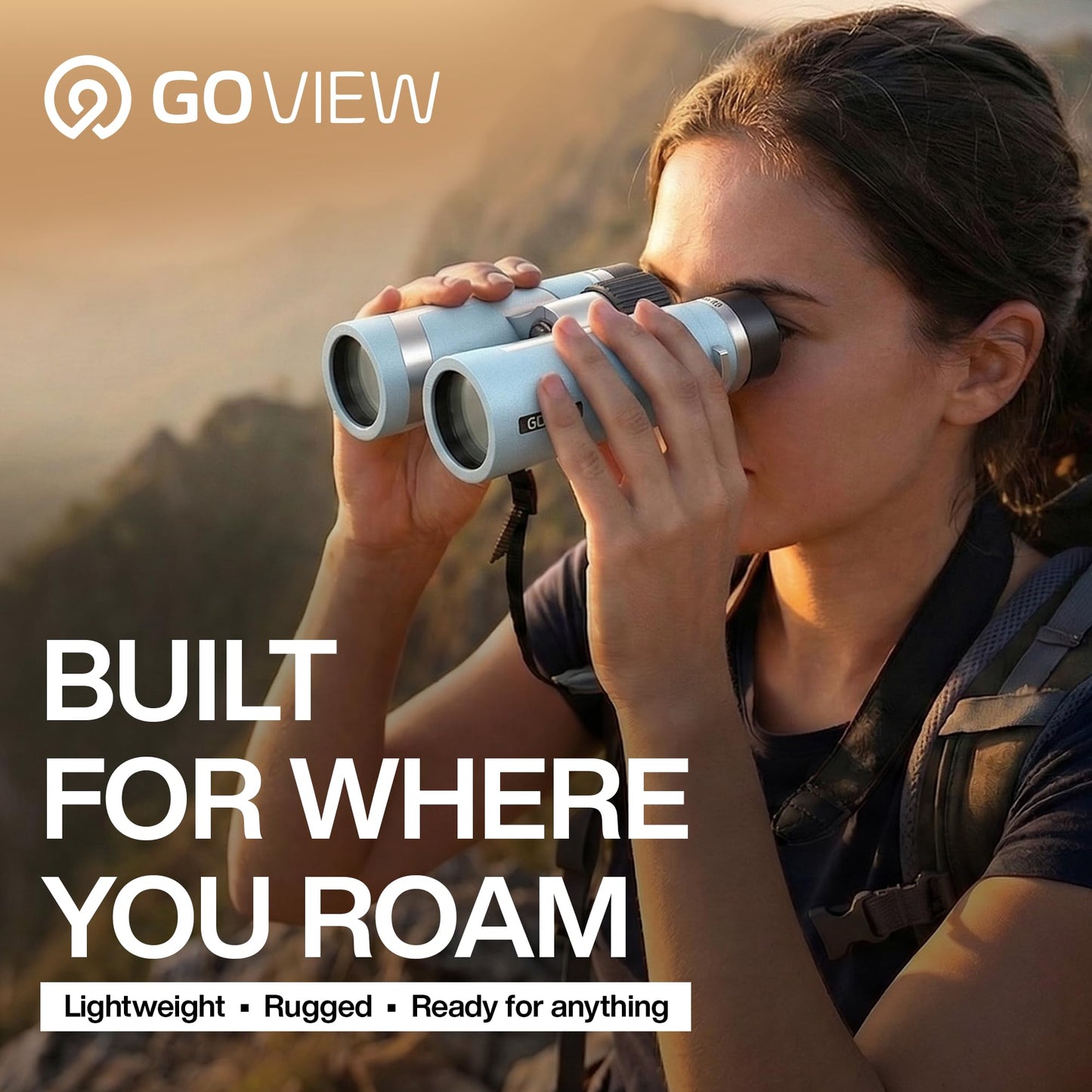 GOVIEW ZOOMR 10x34 Binoculars for Adults | Lightweight | BAK4 Prism with Fully Multi-Coated Optics | Smartphone Adapter Compatible | Waterproof IPX5/6 PORTR™ Strap with Easy Click Closure - Miami Blue