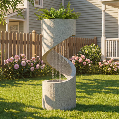 Glitzhome Outdoor Water Fountain with LED Light, Decorative Tiered Curved Waterfall Fountain with Stone Planter, Faux Terrazzo Spiral Shaped Outdoor Fountains for Garden Deck Patio Porch, 31.25”H
