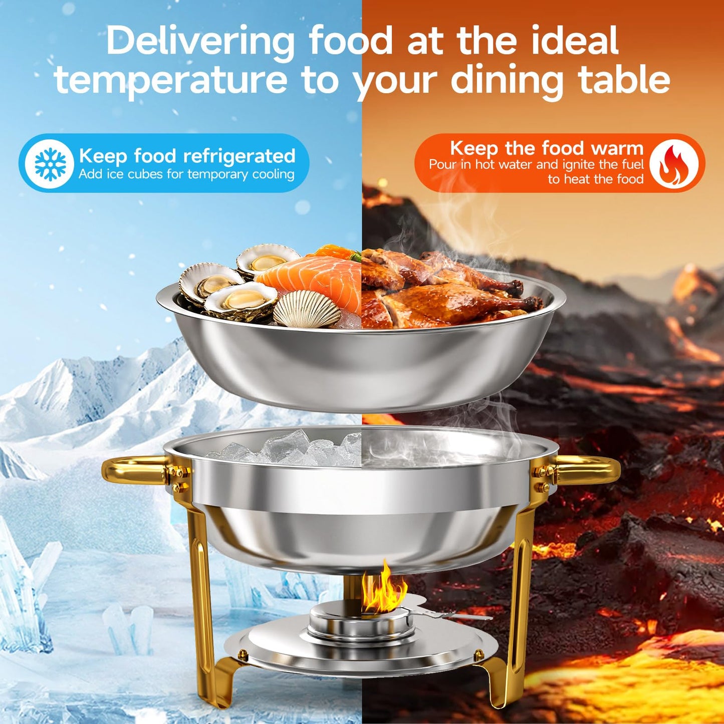 LEDLAY 6QT Stainless Steel Chafing Dishes for Buffet, Round Chafing Dish Buffet Set 4 Pack with Smooth Edge Lid, Food Warmers for Parties Buffet Golden & Silver