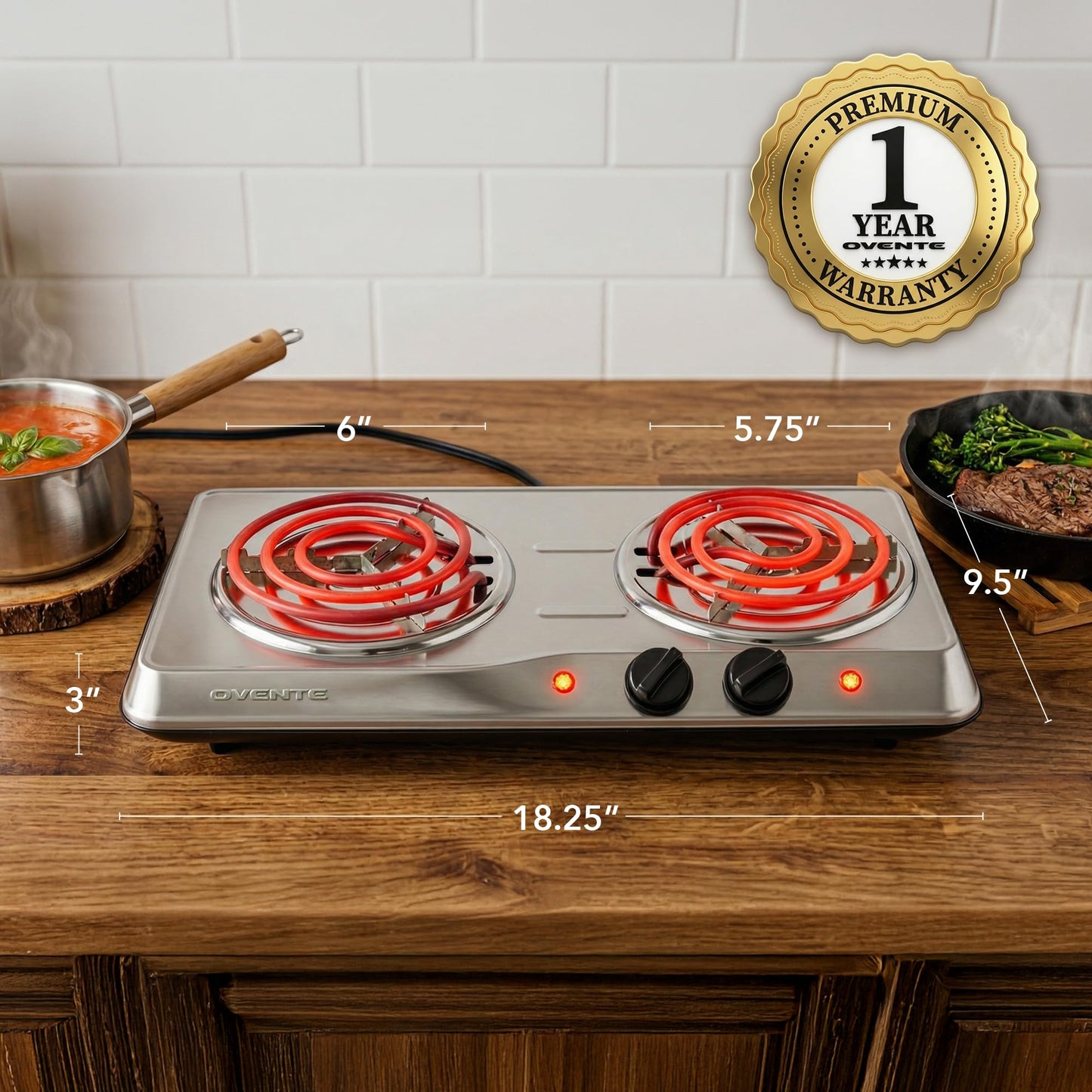 OVENTE Electric Countertop Double Burner, 1700W Cooktop with 6" and 5.75" Stainless Steel Coil Hot Plates, 5 Level Temperature Control, Indicator Lights and Easy to Clean Cooking Stove, Silver BGC102S